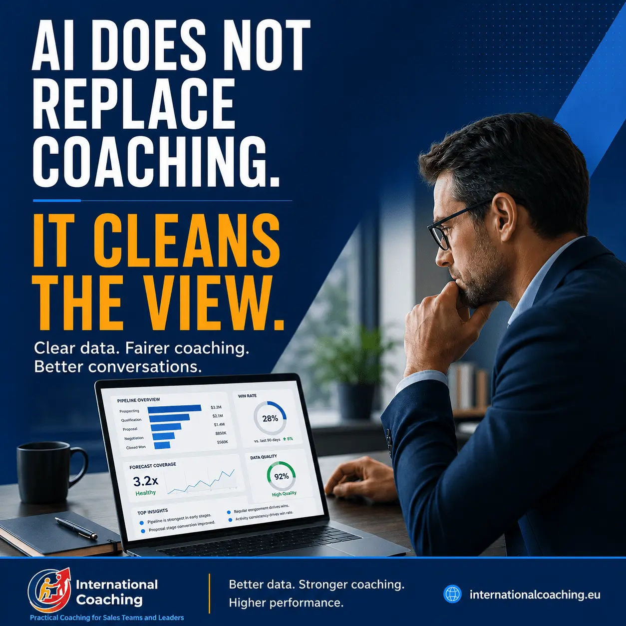 International Coaching visual about AI helping sales managers clean performance data before coaching conversations.